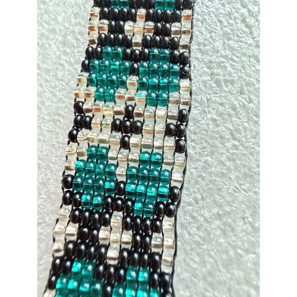 Vintage Native American Style Seed Bead Fringe Statement Necklace Teal Silver D